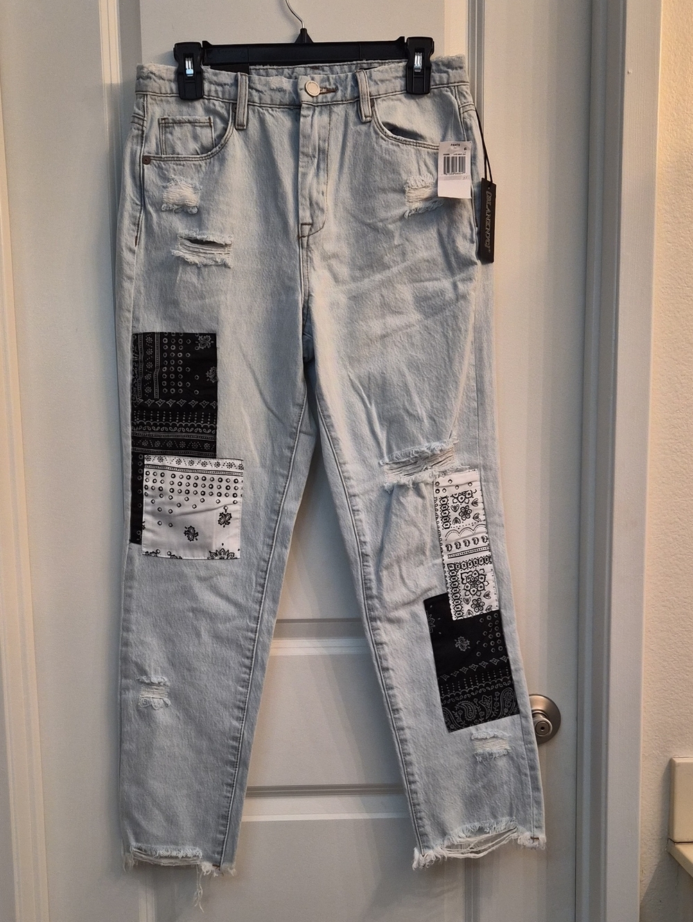 Blank NYC Light Wash Cropped Jeans with Black & White Bandana Patches
